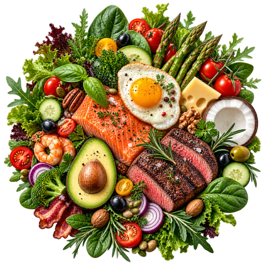 Grünes Ketogemüse mit Avocado, Eier, Lachs, Steak, Kokosnuss rund angerichtet